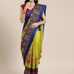 Mitera Yellow & Navy Blue Silk Cotton Embroidered Saree-picture-12