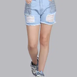 SWISHIN Women Embellished Fringe Regular Fit Mid-Rise Denim Shorts-picture-18
