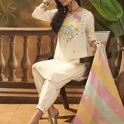 Sangria Floral Embroidered Straight Kurta & Trousers With Dupatta image 5