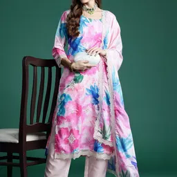 Indo Era Women Floral Printed Regular Thread Work Kurta with Trousers & With Dupatta image 5