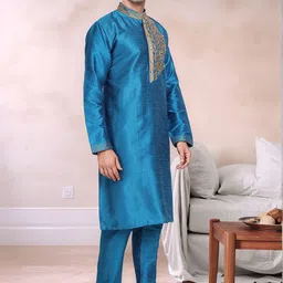 Moda Rapido Floral Yoke Design Mandarin Collar Thread Work Art Silk Kurta With Pyjamas image 2