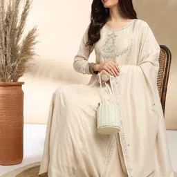 all about you Women Ethnic Motifs Embroidered Panelled Thread Work Kurta with Trousers & With Dupatta image 4