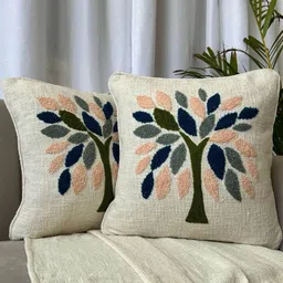 EXPORT HOUSE Off White & Blue 2 Pieces Floral Embroidered Cotton Square Cushion Covers-image-0