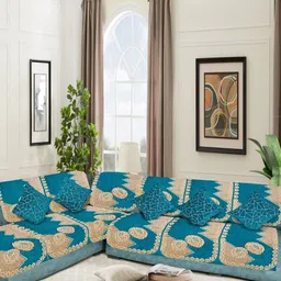 SAWNA HOMES Blue 6 Seater Embroidered Velvet L Shape Sofa Cover With Coushion Covers-image-82