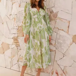 routes by all about you all about you Tropical Print Puff Sleeve Chiffon A-Line Midi Dress-picture-16