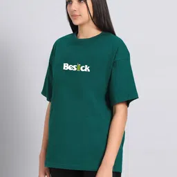 Besick Typography Printed Round Neck Drop Shoulder Sleeves Cotton Oversized T-shirt image 4