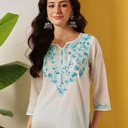 FEMBLISS Women Floral Embroidered V -Neck Pure Cotton Straight Kurti-picture-12