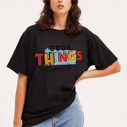 Genzy Women Typography Printed Drop-Shoulder Sleeves Applique T-shirt-image-96