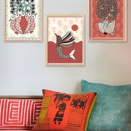 Kotart Beige & Rust 3 Pieces Wooden Birds and Animals Madhubani Wall Arts-picture-27