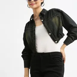 SHOWOFFFF Women Windcheater Crop Denim Jacket image 3