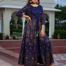 HERE&NOW Ethnic Motifs Printed Round Neck Thread Work Fit And Flare Maxi Ethnic Dress image 4