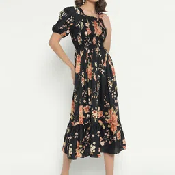 Femvy Women Floral Printed Square Neck Smocked Pleated Fit & Flare Midi Dresses-picture-30
