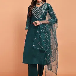 DISHWA FASHION Women Ethnic Motifs Embroidered Regular Chanderi Silk Kurta with Trousers & With Dupatta image 1