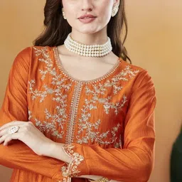 HERE&NOW Women Floral Embroidered Panelled Thread Work Kurta with Trousers & With Dupatta image 4