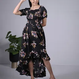 Eilaa Women Floral Print High-Low Fit & Flare Midi Dress image 4