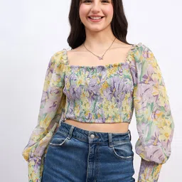 Berrylush Floral Print Bishop Sleeves Georgette Crop Top image 3
