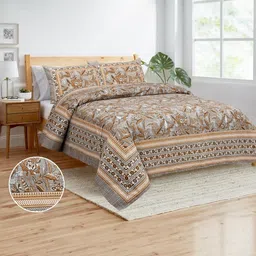 DHANOTA Multi & Brown Ethnic Motifs 180 TC Cotton 1 Super King Superfine Bedsheet with 2 Pillow Covers-image-51