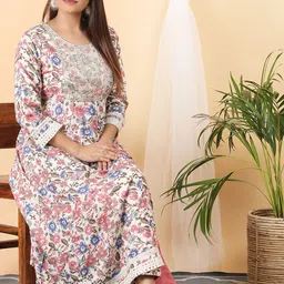 SHIFORY Women Floral Printed Regular Thread Work Kurta with Trousers & With Dupatta image 5