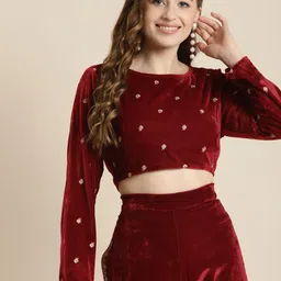 Shae by SASSAFRAS Maroon & Gold-Toned Embroidered Velvet Regular Crop Top-picture-30