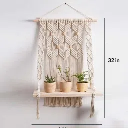 Handmade Macrame Wall Hanging With Pine Wood Shelf In Off White By Kaahira image 3