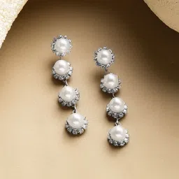 Rubans Rhodium-Plated Cubic Zirconia Studded And Pearls Beaded Circular Drop Earrings image 3