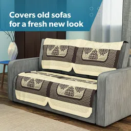 Kuber Industries Cream-Coloured & Brown Cotton 4 Piece Sofa Cover image 5