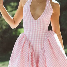KPOP Women Checked Plunge Neck Fit and Flare Dress-picture-31
