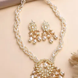 KARATCART Gold-Plated Kundan Studded & Pearl Beaded Necklace Set-picture-24