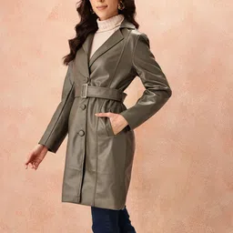 all about you PU Coated Notched Lapel Collar Belted Overcoat image 5