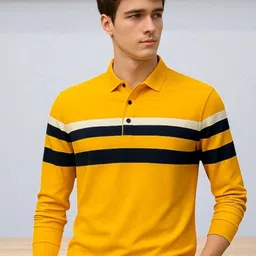 AUTNA Men Striped Polo Collar Cotton T-shirt image 4