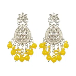 TESSARA Silver-Plated Kundan Studded And Beaded Geometric Shaped Drop Earrings-picture-12