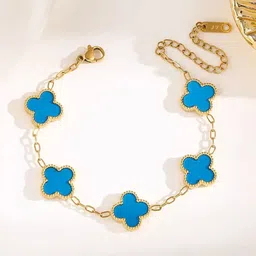 MEENAZ Clover Stainless Steel Gold-Plated American Diamonds Anti Tarnish Link Bracelet image 1