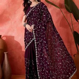 Sangria Embroidered Organza Saree with Unstitched Blouse image 4