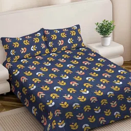 FABINALIV Navy Blue & Yellow Floral 300 TC King Bedsheet with 2 Pillow Covers-image-20