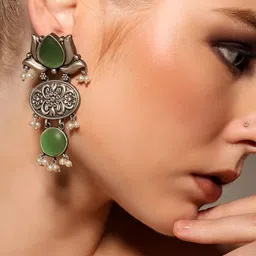 VENI 925 Silver-Plated Artificial Stones Studded Floral Shaped Oxidised Drop Earrings image 5