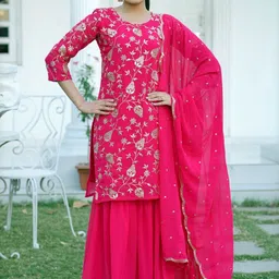 IRVAAH Floral Embroidered Zari Work Straight Kurta With Sharara & Dupatta-picture-27