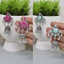 MEIRA JEWELLERY Set Of 2 German Silver-Plated Stones Studded Oxidised Dome Shaped Jhumkas-image-80