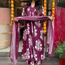 SRILICA Floral Printed V Neck Kurta With Trousers & Dupatta image 2