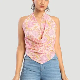 Bene Kleed Women Peach Floral Printed Back and Neck Tie Up Crop Top-image-29