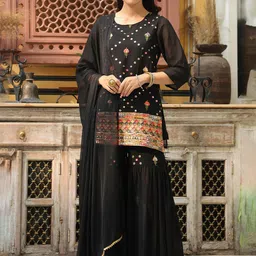 Juniper Women Floral Embroidered Regular Mirror Work Top with Sharara & With Dupatta-picture-27