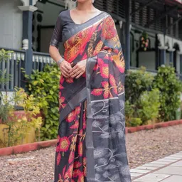 ALMAARI FASHION Floral Printed Zari Pure Linen Banarasi Saree With Unstitched Blouse Piece image 5