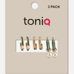 ToniQ Set Of 3 Gold Plated Artificial Stones Studded Contemporary Half Hoop Earrings image 3