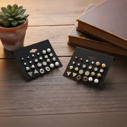 DressBerry Set Of 24 Gold-Plated Pearls Studded Geometric Shaped Studs image 3