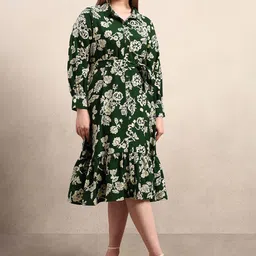 VERO MODA CURVE Women Ethnic Motifs Printed Tie-Ups Tiered Shirt Collar A-Line Midi Dress-picture-35