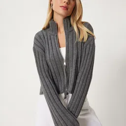 Happiness istanbul Women Ribbed Mock Collar Front-Open Sweater-picture-25