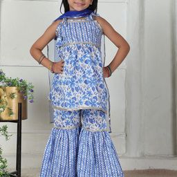 Cutiekins Girls Floral Printed Shoulder Straps Gotta Patti Kurta With Sharara & Dupatta-picture-17