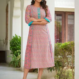 KALINI Floral Printed Embroidered Mirror Work A Line Cotton Kurta-picture-37