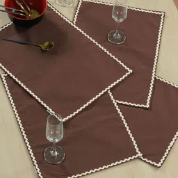 fingercraft 4Pcs Coffee-Brown Pure Cotton Rectangular Table Placemats With Lace Details image 2