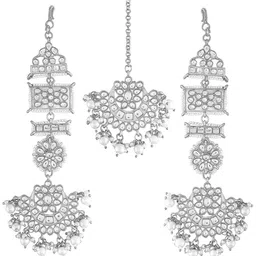 Peora Silver-Plated Artificial Stones and Beads Studded Jewellery Set With Maangtikka image 3