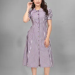 QENA Striped Puff Sleeve A-Line Midi Dress image 5